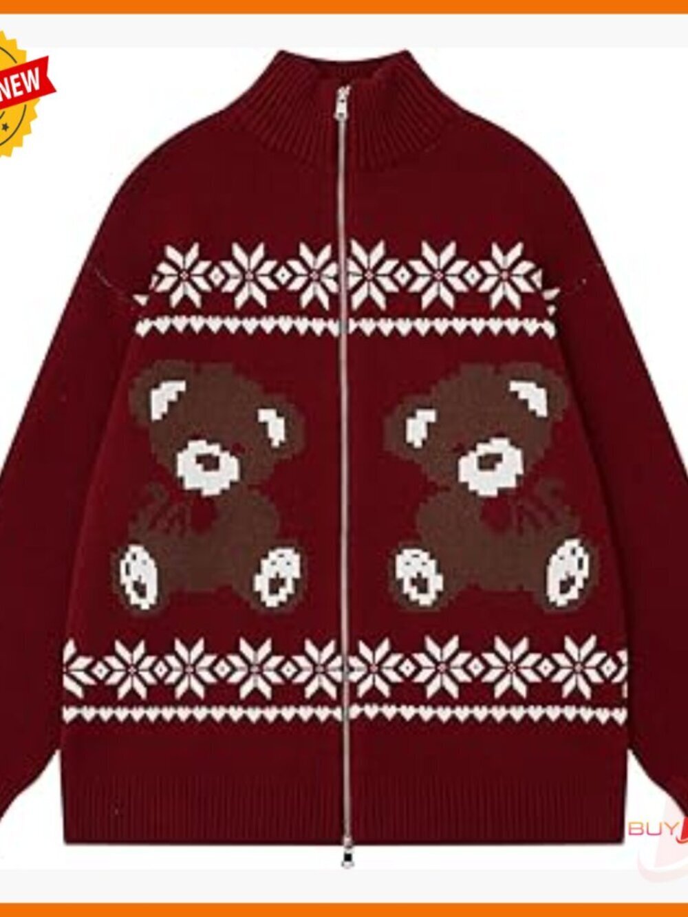 Oversized Zipper Cardigan with Cartoon Graphic, Long Sleeve Crew Neck